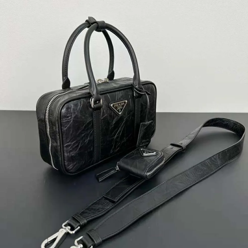 Prada Small Antique Nappa Leather Top Handle Bag for Women in Black Prada Small Antique Nappa Leather Top Handle Bag for Women in Black