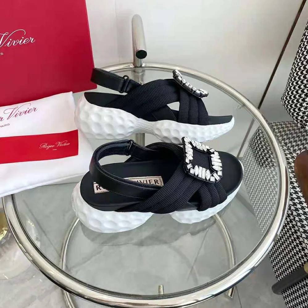 Roger Vivier Viv' Run Light Strass Buckle Sandals in Fabric for Women in Black Roger Vivier Viv' Run Light Strass Buckle Sandals in Fabric for Women in Black