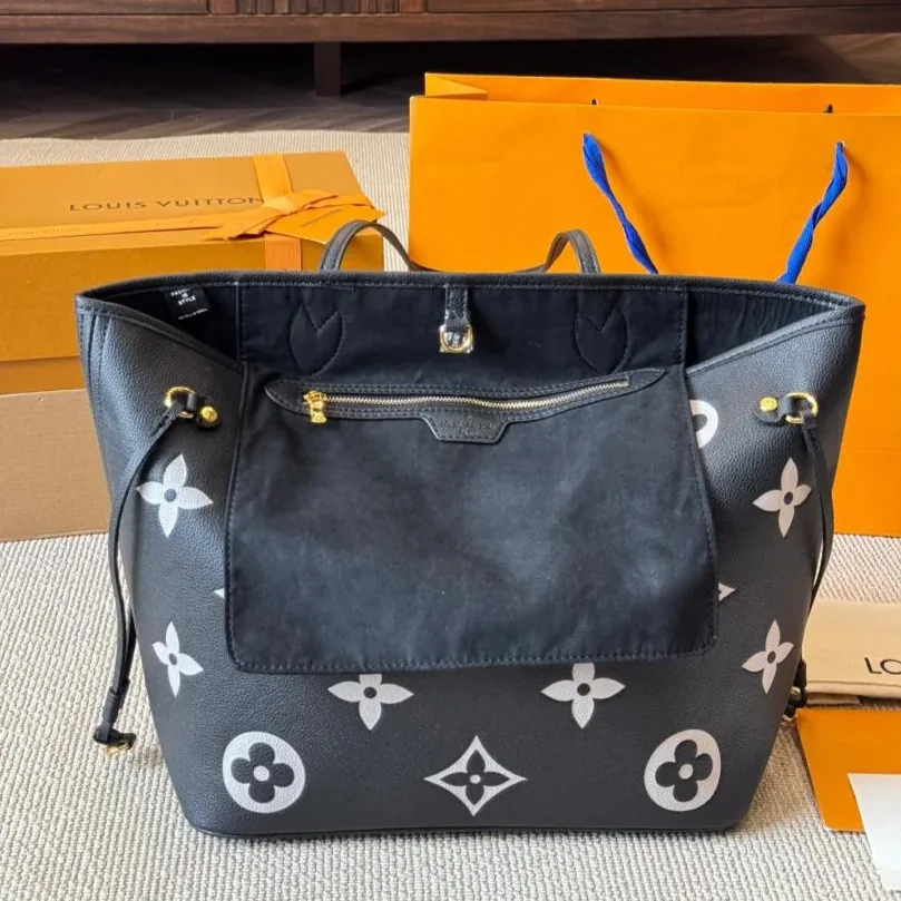 Louis Vuitton Neverfull MM Tote Bag Monogram Empreinte Black in Beige /