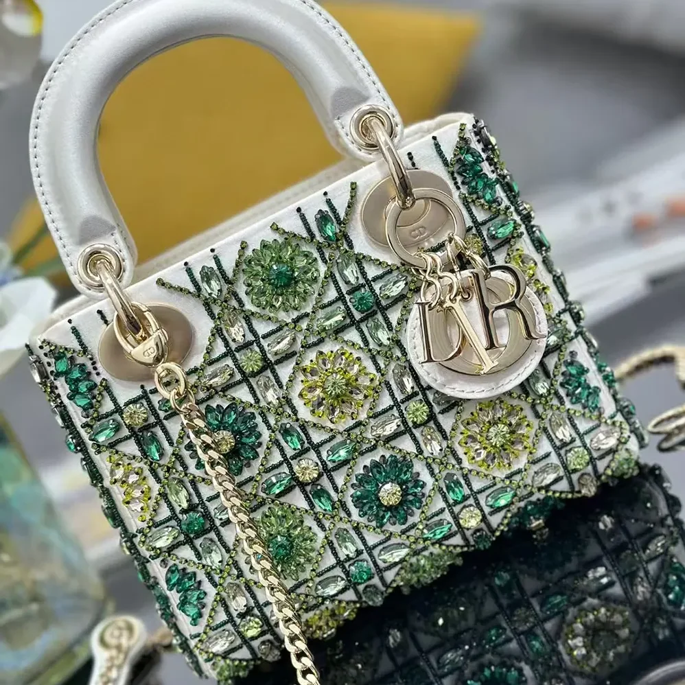 Dior Small Lady Dior Bag Metallic Calfskin and Satin with Celestial Green Bead Embroidery for Women Dior Small Lady Dior Bag Metallic Calfskin and Satin with Celestial Green Bead Embroidery for Women