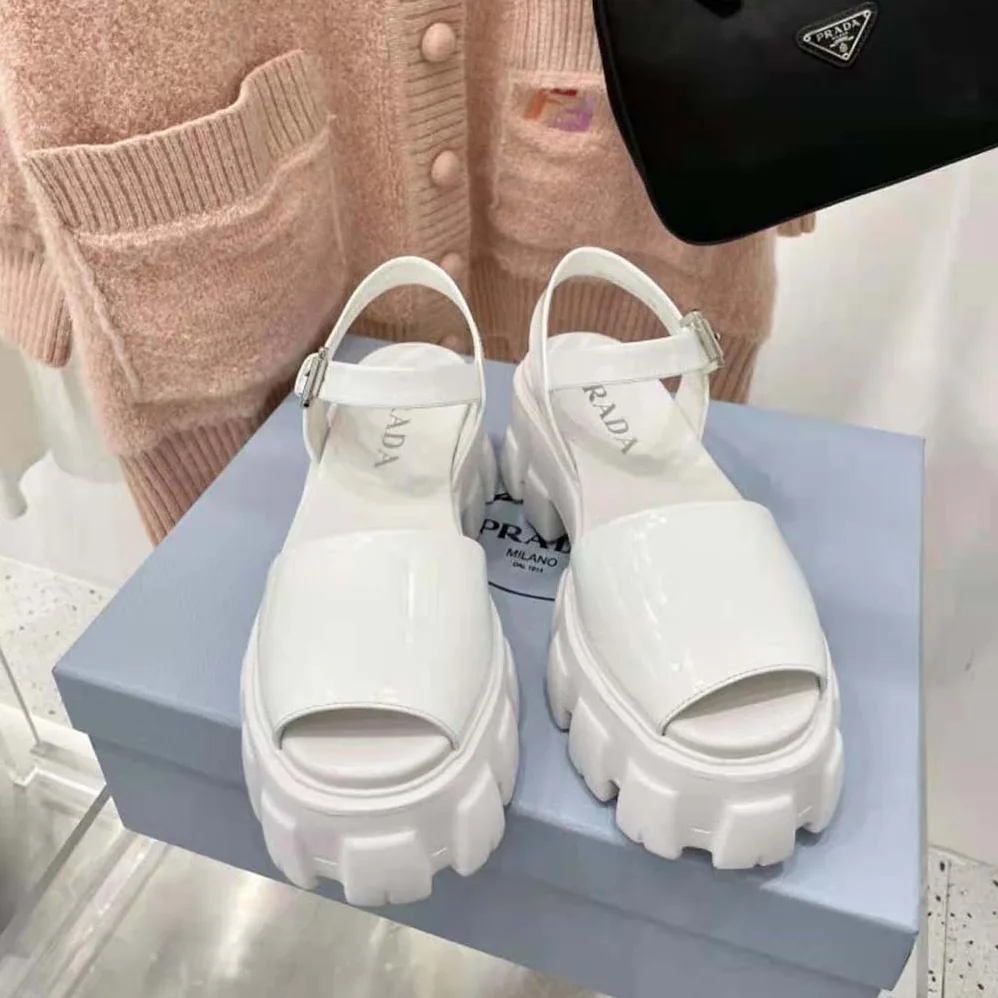 Prada Monolith Brushed Leather Sandals in 55mm Heel for Women in White