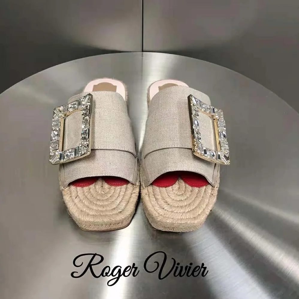 Roger Vivier Strass Buckle Espadrille Mules in Soft Leather for Women Roger Vivier Strass Buckle Espadrille Mules in Soft Leather for Women