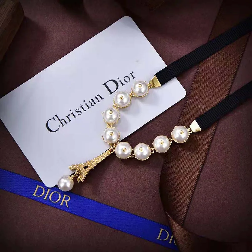 Dior Plan De Paris Choker Gold-Finish Metal with Black Grosgrain and White Resin Pearls for Women