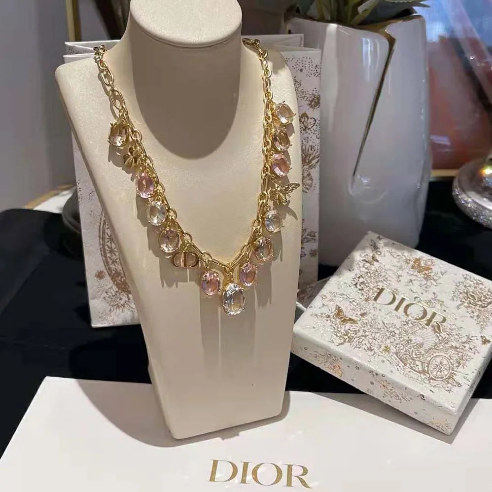 Dior Petit CD Necklace Gold-Finish Metal and Multicolor Crystals with White Resin Pearl for Women