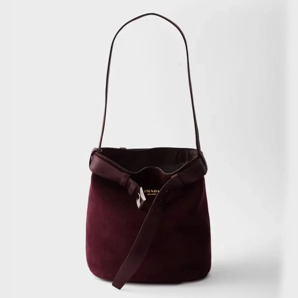 Prada Buckle Belted Suede Bucket Bag for Women in Burgundy Prada Buckle Belted Suede Bucket Bag for Women in Burgundy