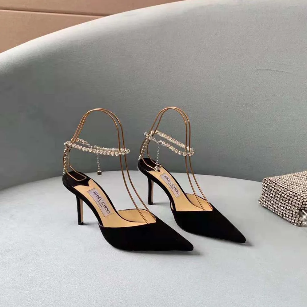 Jimmy Choo Saeda 100 Black Suede Pumps with Crystal Embellishment for Women