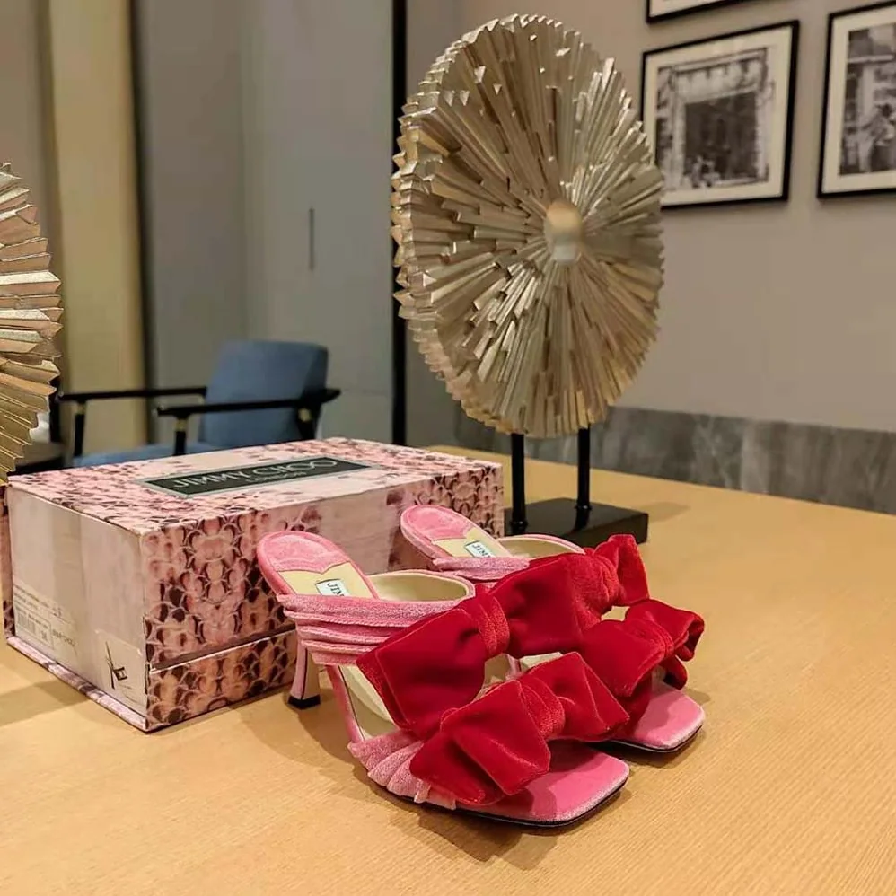 Jimmy Choo Flaca Sandal 100 Candy Pink Velvet Sandal with Bow for Women Jimmy Choo Flaca Sandal 100 Candy Pink Velvet Sandal with Bow for Women