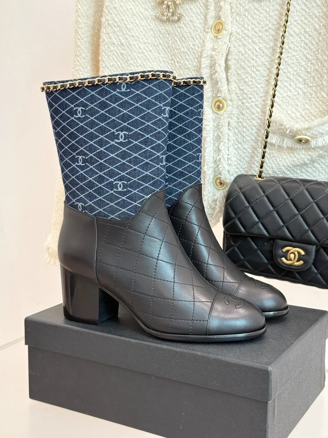 Chanel Double C Chunky Heel Boots With Chain Detail Blue Denim Chanel Double C Chunky Heel Boots With Chain Detail Blue Denim