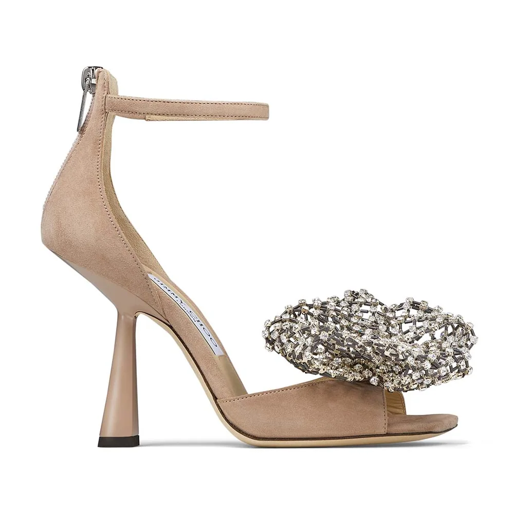 Jimmy Choo Mana 100 Ballet Pink Suede Sandals with Crystal Bow Clasp for Women Jimmy Choo Mana 100 Ballet Pink Suede Sandals with Crystal Bow Clasp for Women