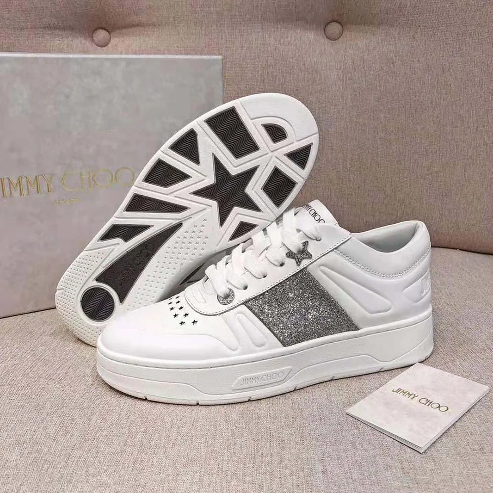 Jimmy Choo Hawaii/f White Calf Leather Lace-Up Trainers with Glitter Stripe for Women Jimmy Choo Hawaii/f White Calf Leather Lace-Up Trainers with Glitter Stripe for Women