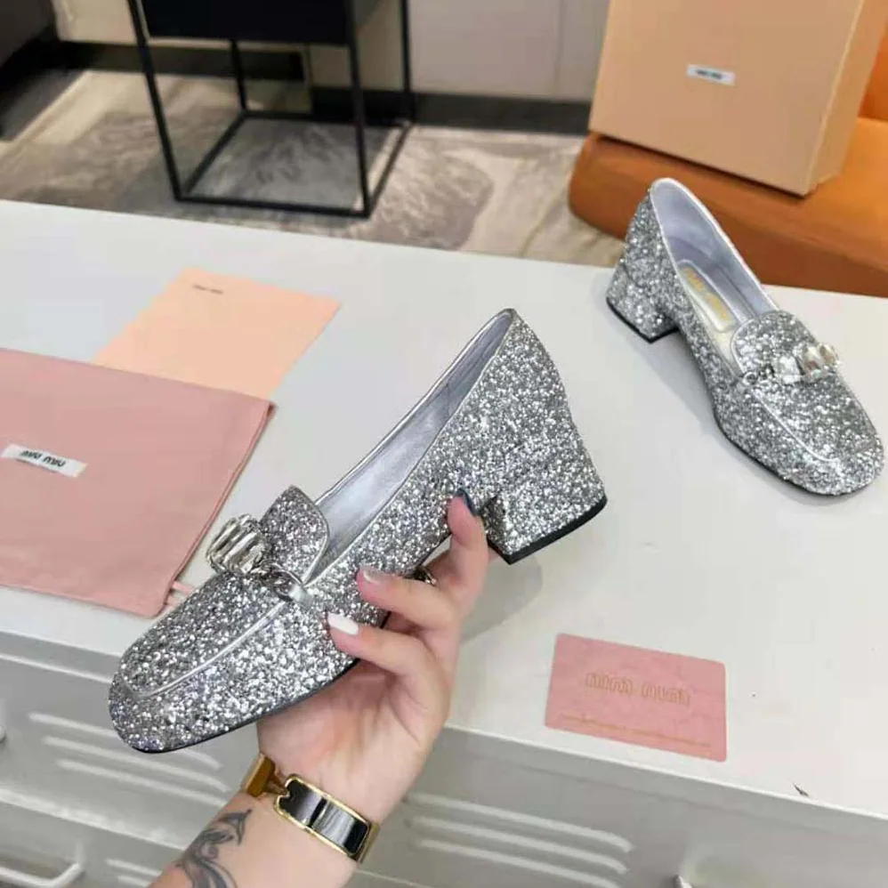 Miu Miu Glitter Fabric Loafers with Fabric Logo Label for Women Miu Miu Glitter Fabric Loafers with Fabric Logo Label for Women