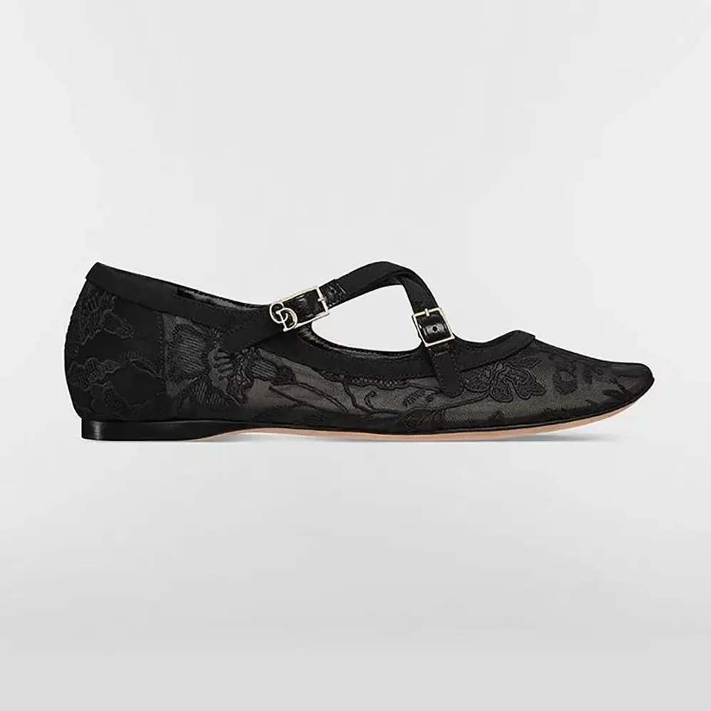 Dior Very Dior Ballet Flat Transparent Mesh Embroidered with Black Millefiori Motif for Women Dior Very Dior Ballet Flat Transparent Mesh Embroidered with Black Millefiori Motif for Women