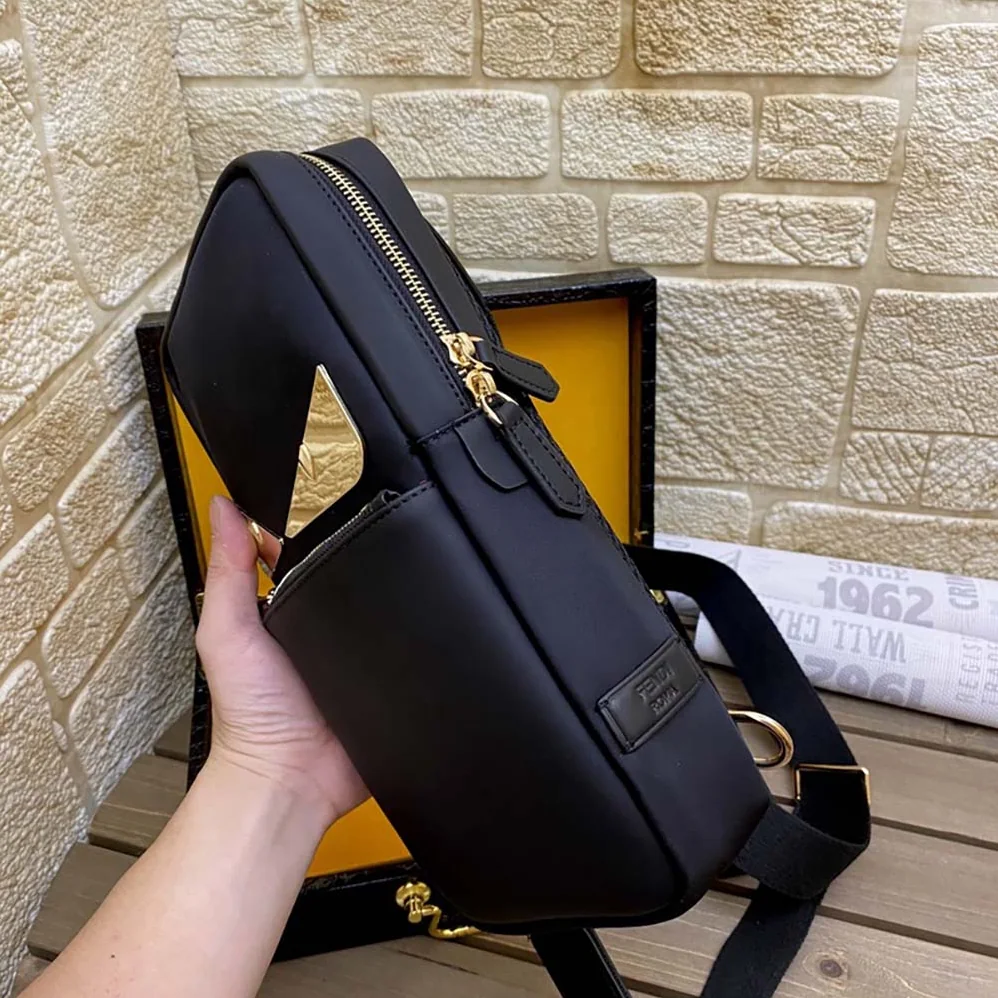 Fendi Monster Sling Bag Nylon And Leather Medium Crossbody Bag In Black for Men Fendi Monster Sling Bag Nylon And Leather Medium Crossbody Bag In Black for Men