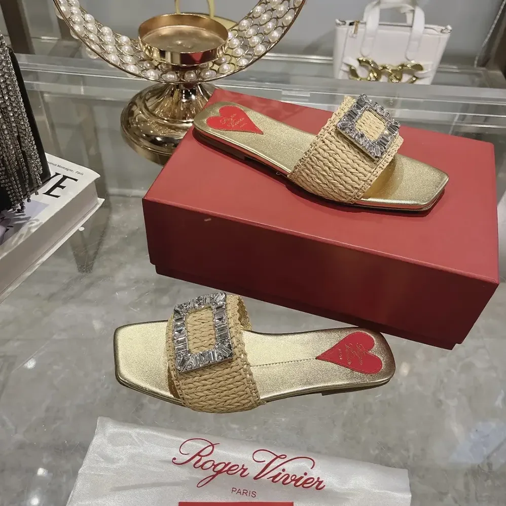 Roger Vivier Strass Buckle Slides in Raffia for Women