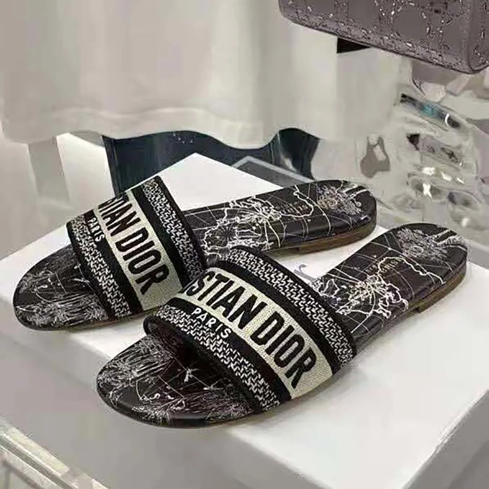 Dior Dway Slide Black Dior Around the World Embroidered Cotton for Women Dior Dway Slide Black Dior Around the World Embroidered Cotton for Women