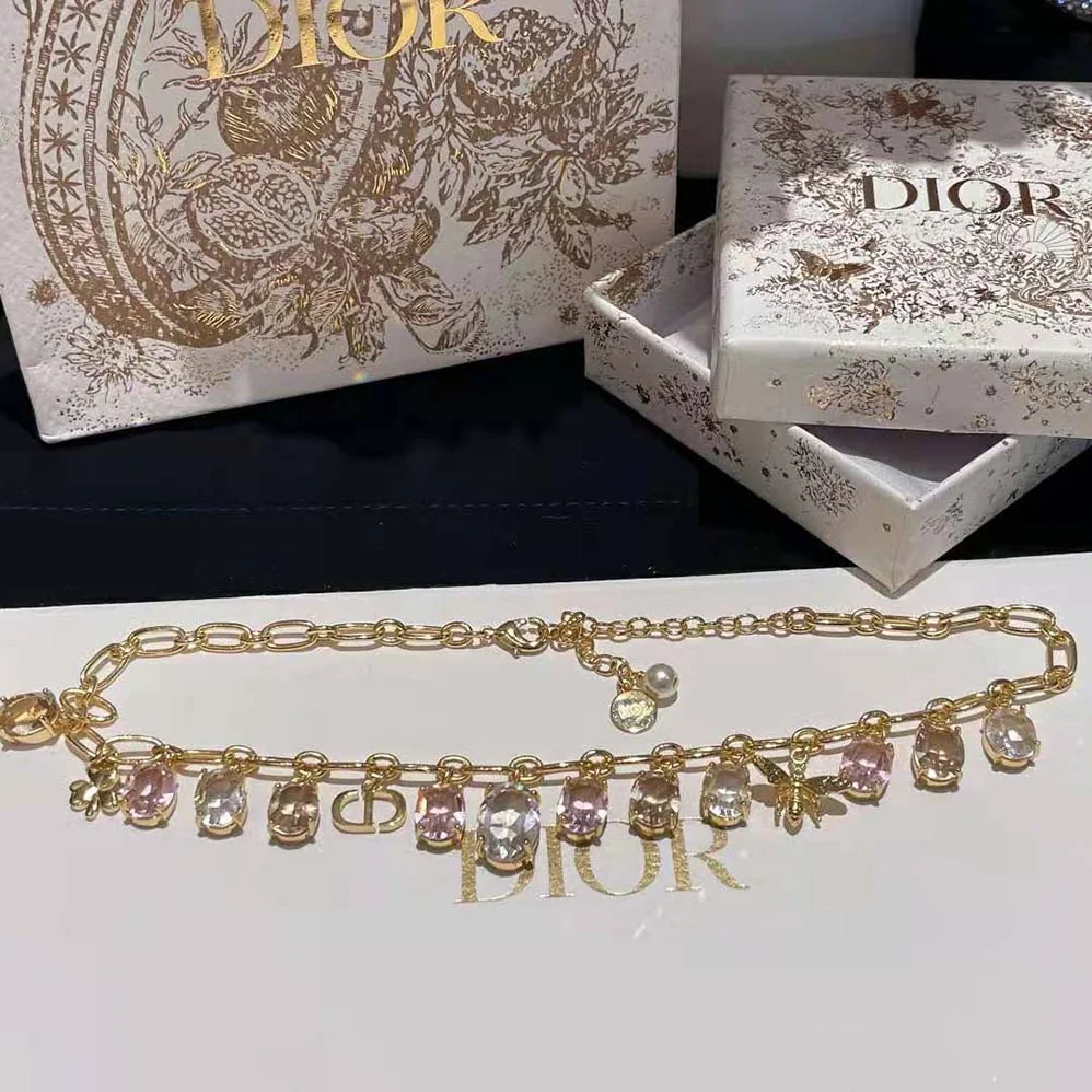 Dior Petit CD Necklace Gold-Finish Metal and Multicolor Crystals with White Resin Pearl for Women