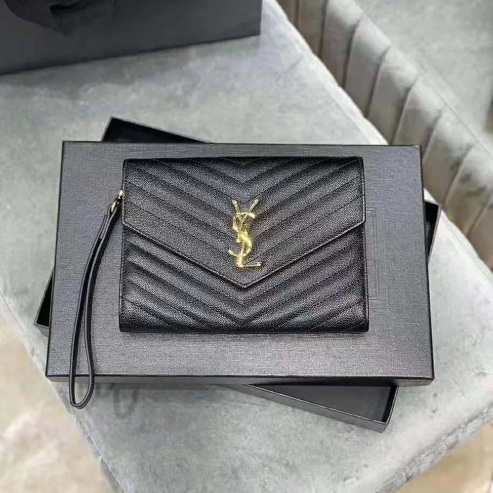 Saint Laurent YSL Monogram Clutch in Quilted Grain de Poudre Embossed Leather for Women in Black Saint Laurent YSL Monogram Clutch in Quilted Grain de Poudre Embossed Leather for Women in Black
