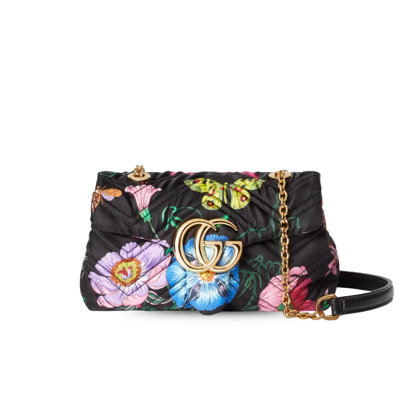 Gucci Marmont Mini Shoulder Bag / Black in Multicolor Flora Gold Hardware