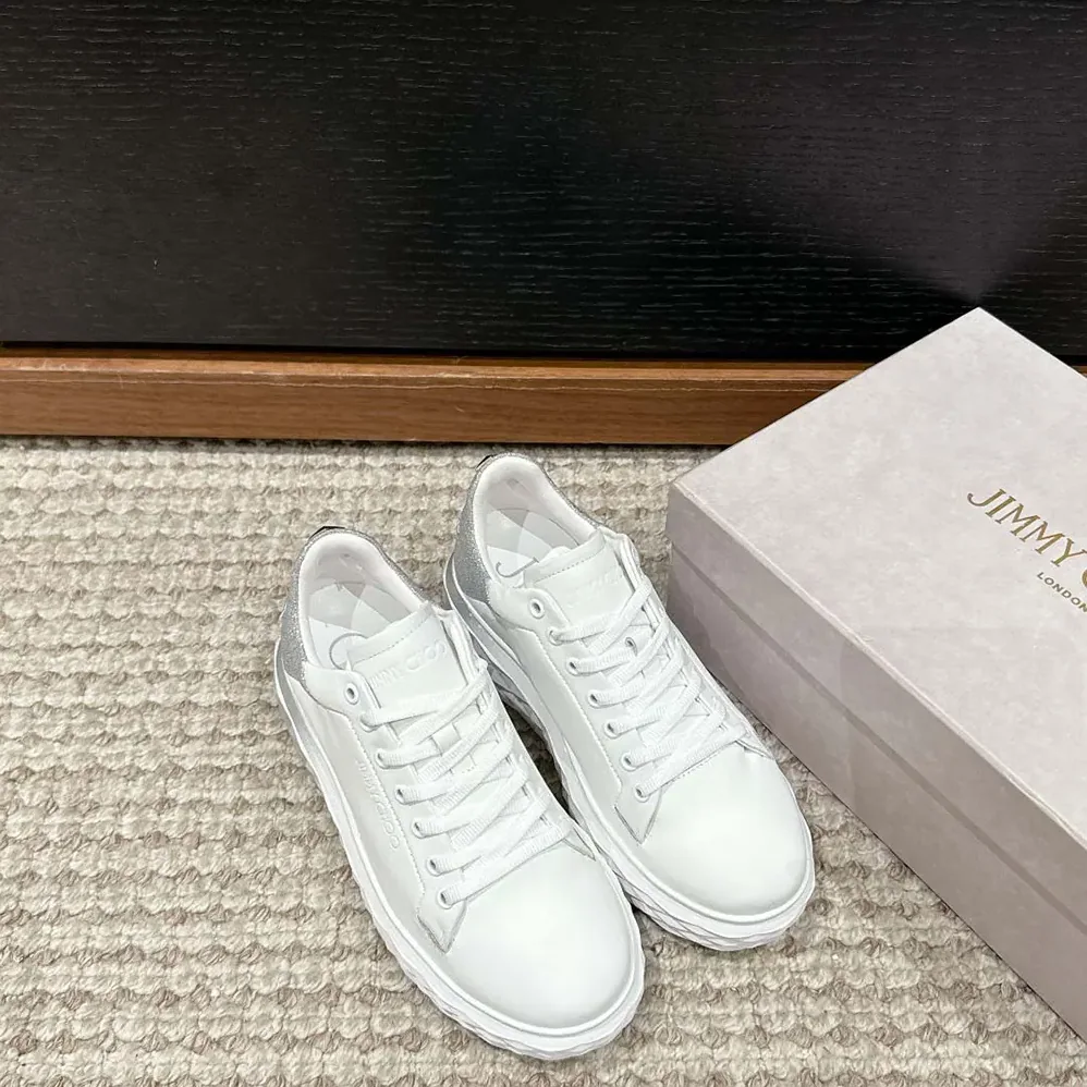 Jimmy Choo Diamond Maxi/F II White & Silver Nappa Leather Glitter Trainers for Women Jimmy Choo Diamond Maxi/F II White & Silver Nappa Leather Glitter Trainers for Women