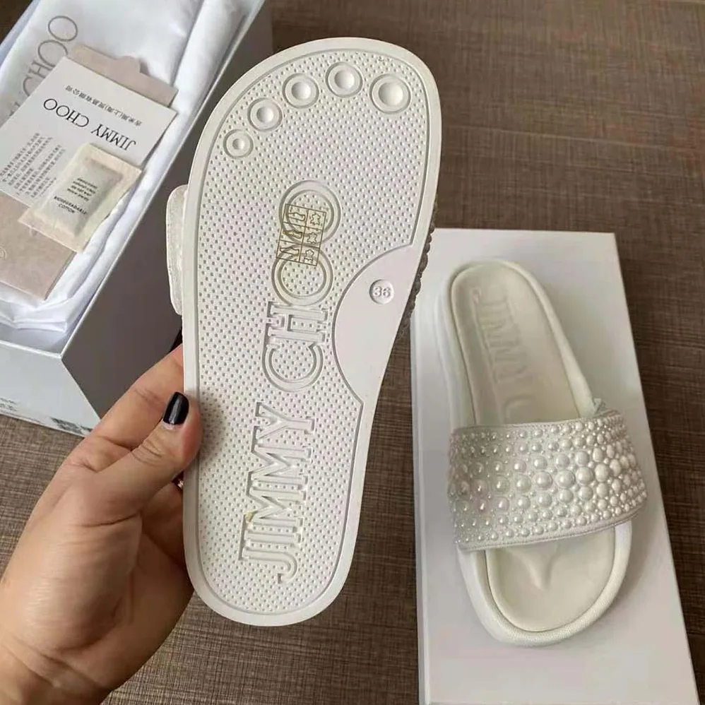 Jimmy Choo Fitz/F White Canvas and Leather Pool Slides with Pearls for Women Jimmy Choo Fitz/F White Canvas and Leather Pool Slides with Pearls for Women