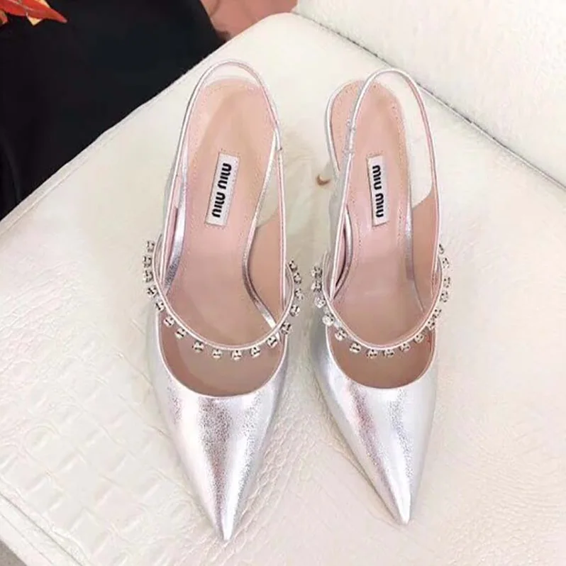 Miu Miu Shoes Nappa Leather Slingbacks with Crystals 85mm Heel for Women in Silver
