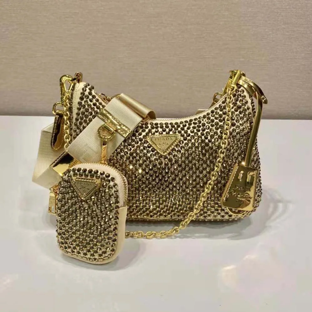 Prada Re-Edition 2005 Satin Bag with Crystals for Women in Gold