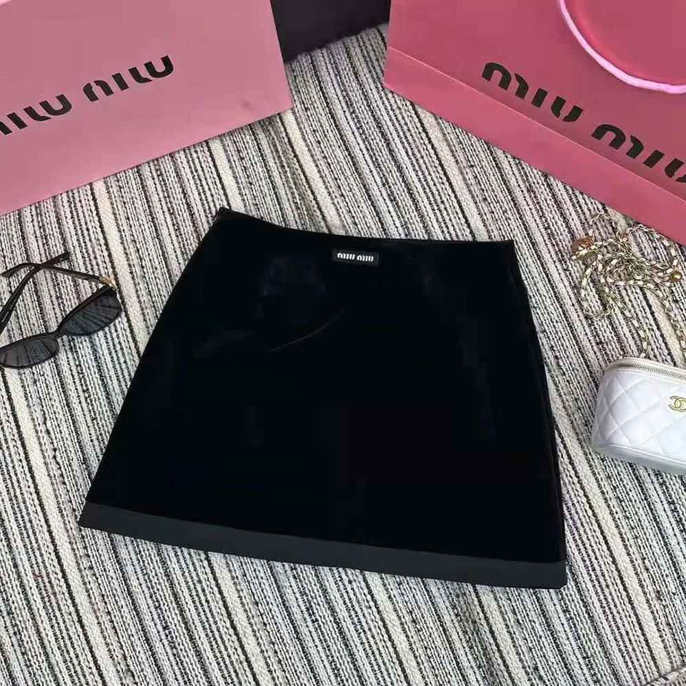 Miu Miu Velvet Miniskirt with Knit Logo Label for Women in Black