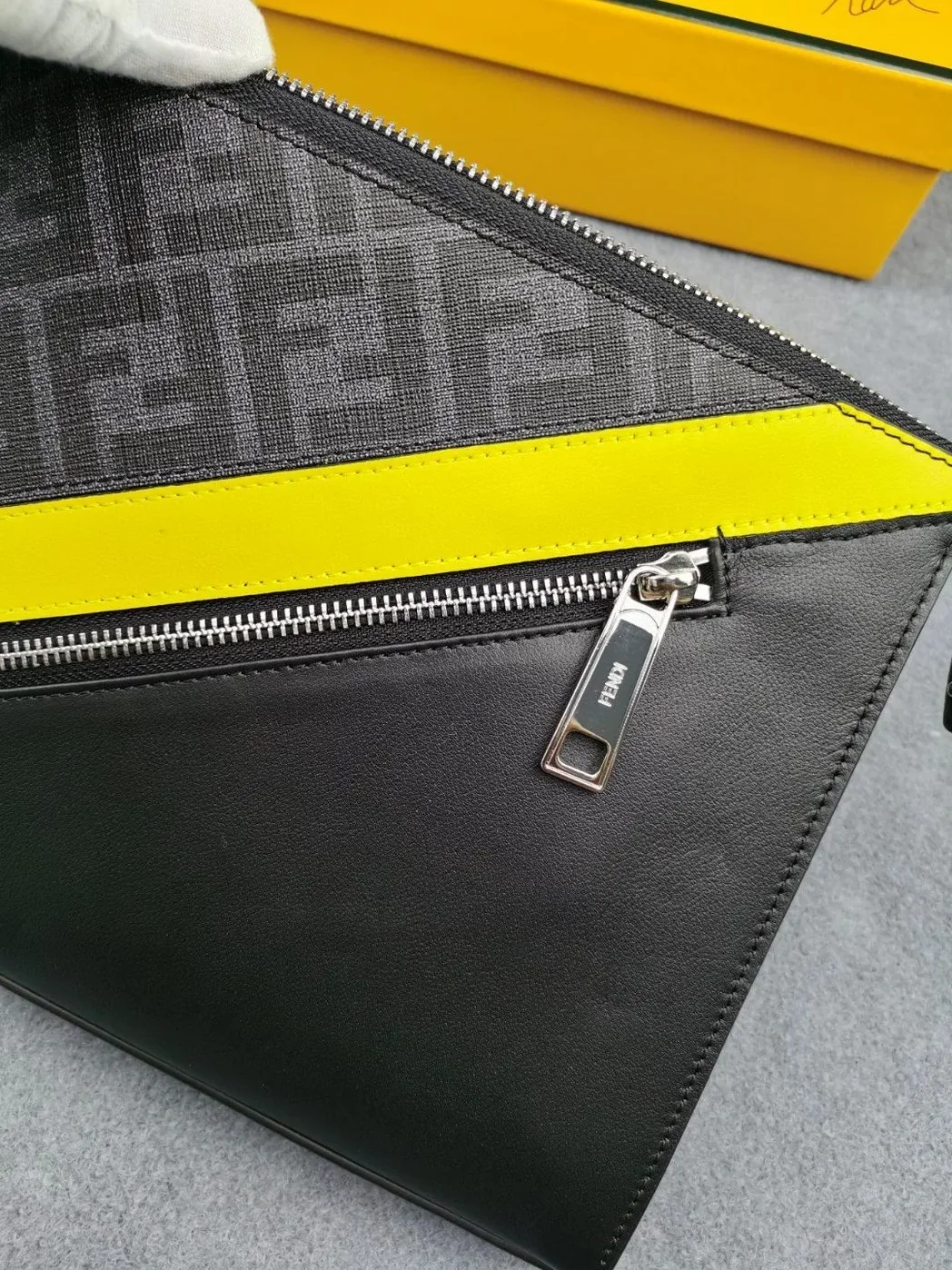 Fendi Flat Pouch Black Fabric Pouch Yellow Stripes / FF 7VA491A9XSF0R2A