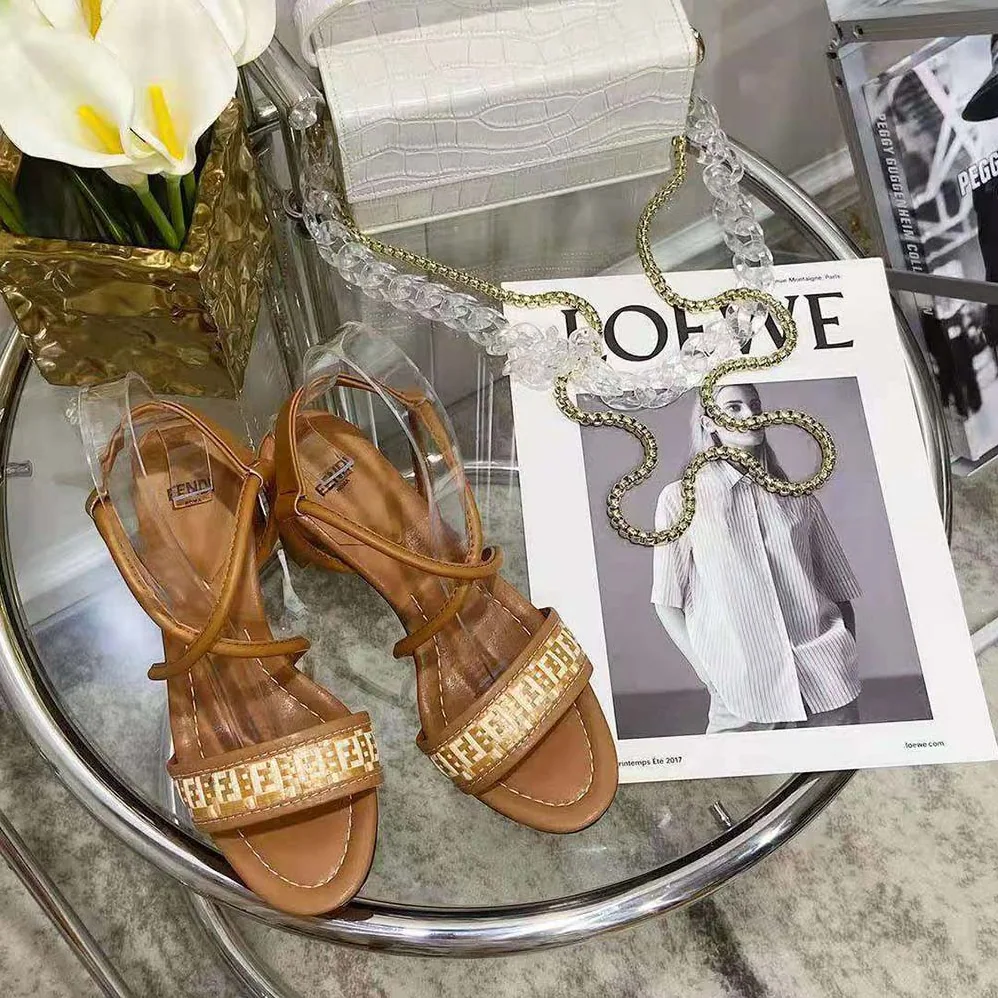 Fendi FF Interlace Brown Leather Sandals for Women