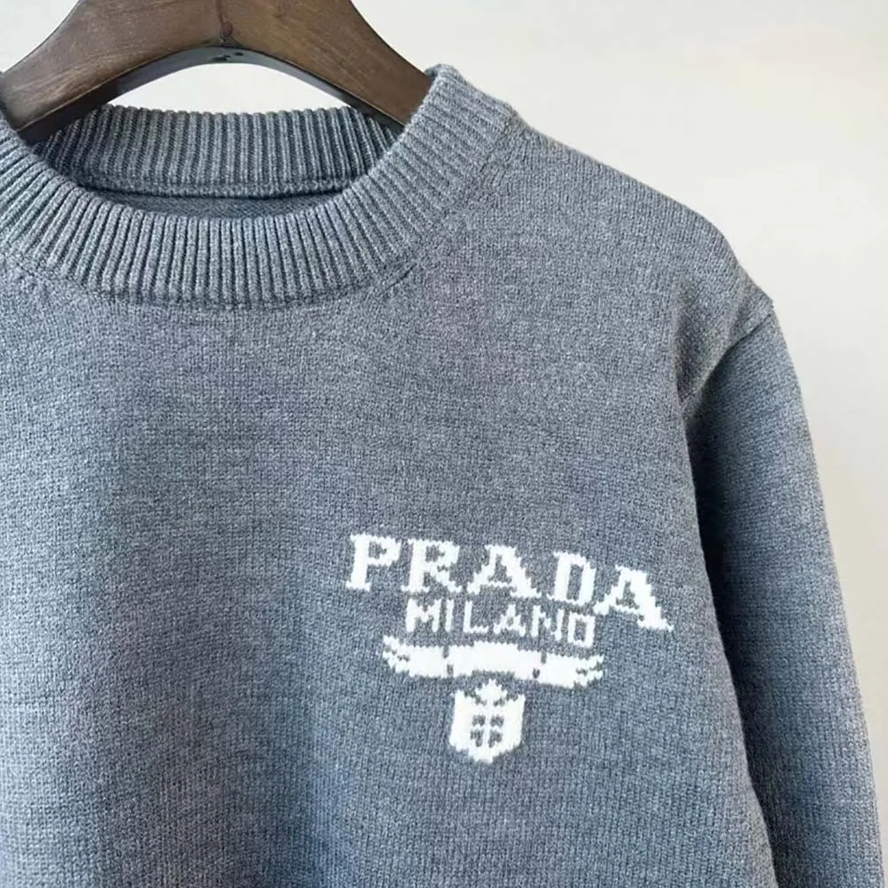 Prada Cashmere and Silk Sweater With Intarsia Logo for Women in Silver
