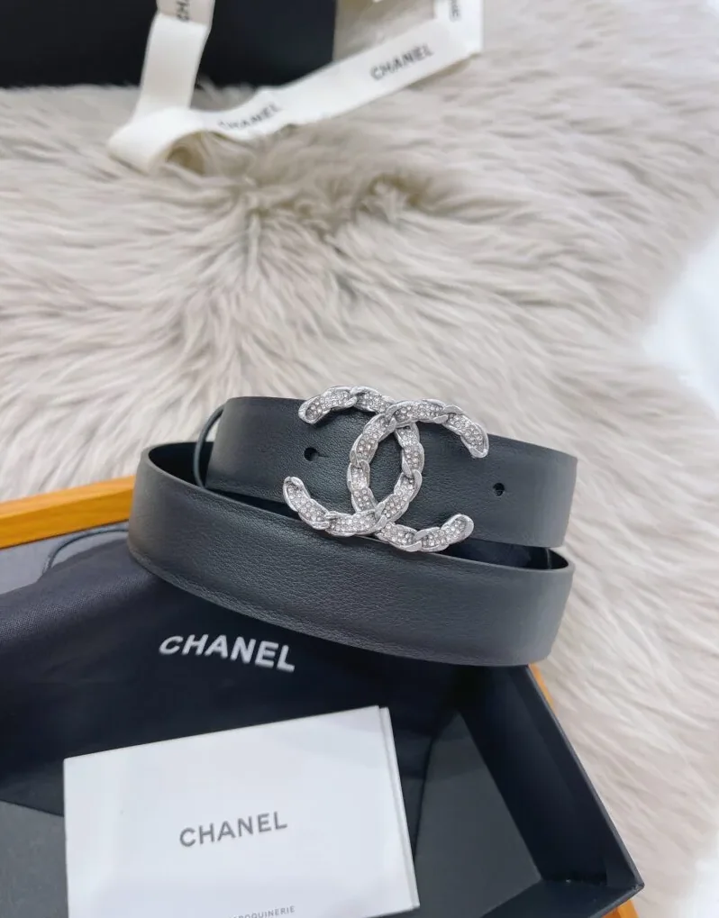 Chanel Shiny Silver Tone Chain Interlocking C Belt Black