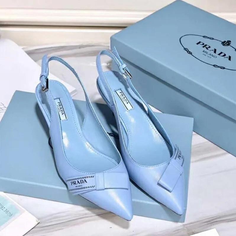 Prada Shoes Leather Slingbacks with Bow 55mm Heel for Women in Blue