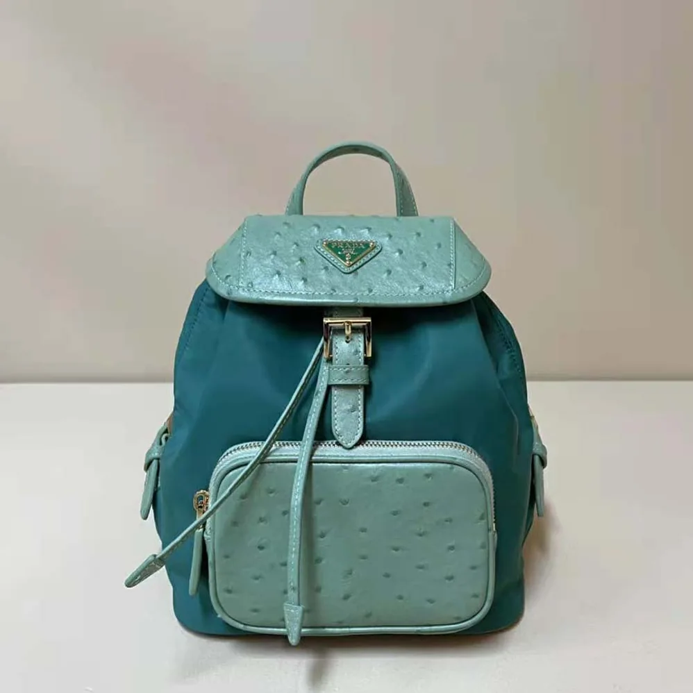 Prada Re-Nylon and Ostrich Leather Backpack for Women in Green