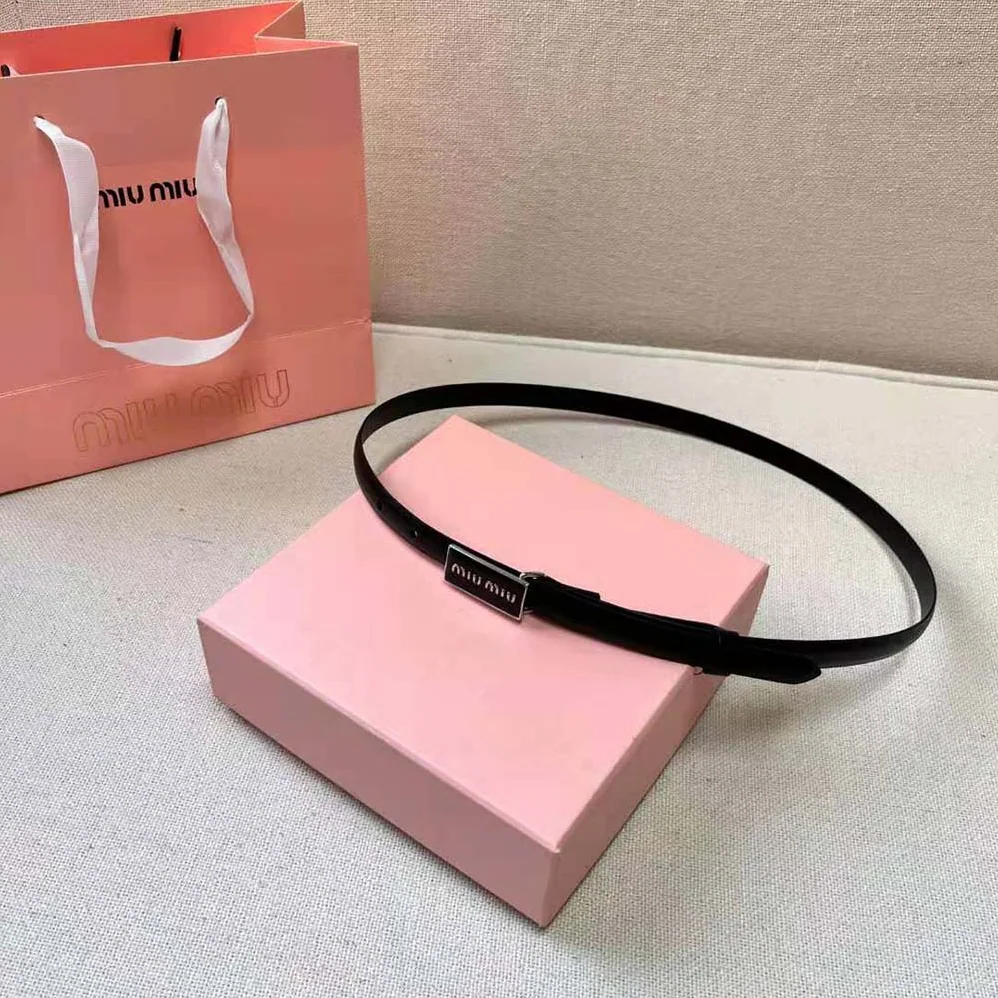 Miu Miu Brushed Leather Belt with Enameled Metal Buckle for Women in Black Miu Miu Brushed Leather Belt with Enameled Metal Buckle for Women in Black