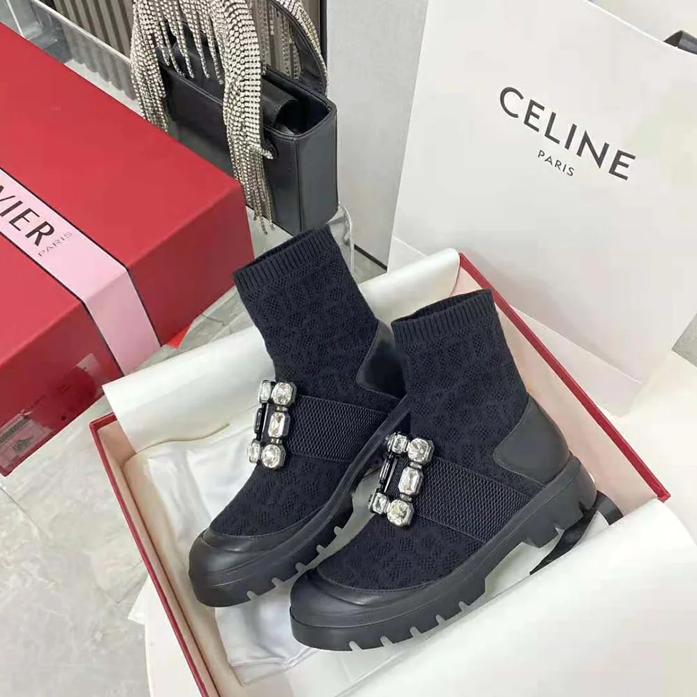 Roger Vivier Walky Viv' Rhinestone Buckle Socks Ankle Boots in Fabric for Women in Black Roger Vivier Walky Viv' Rhinestone Buckle Socks Ankle Boots in Fabric for Women in Black