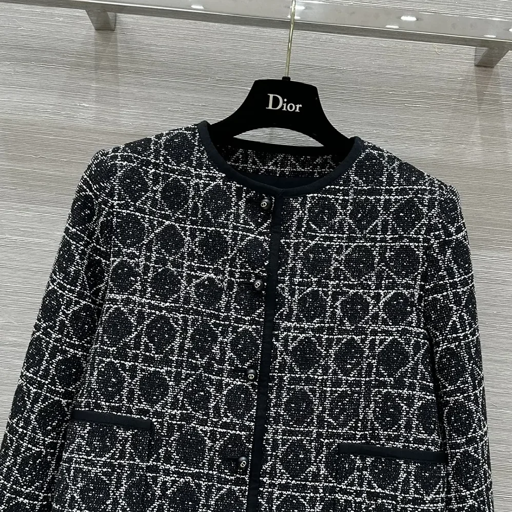 Dior Macrocannage Cropped Jacket Black and White Technical Cotton Tweed for Women