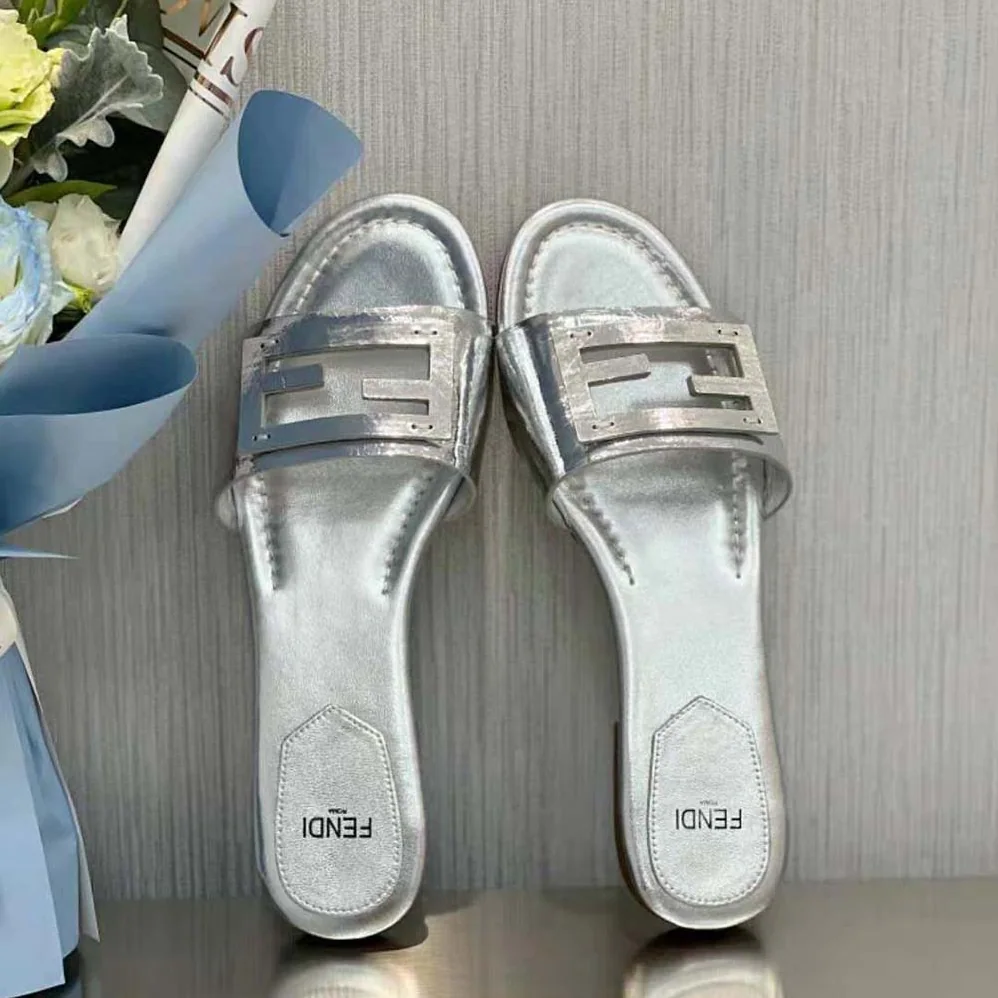 Fendi Baguette Silver Nappa Leather Slides for Women Fendi Baguette Silver Nappa Leather Slides for Women