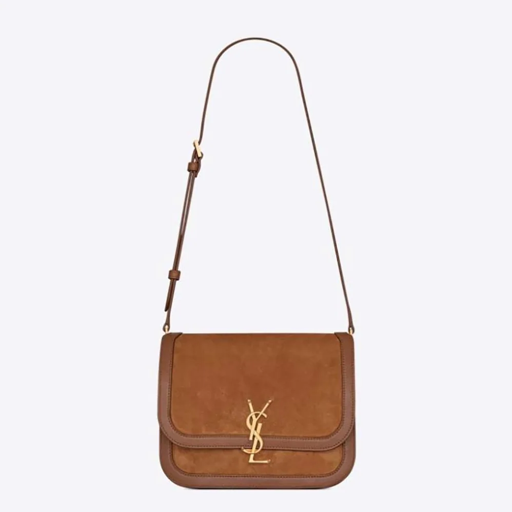 Saint Laurent YSL Solferino Medium Soft Satchel in Bsuede and Smooth Leather for Women in Brown