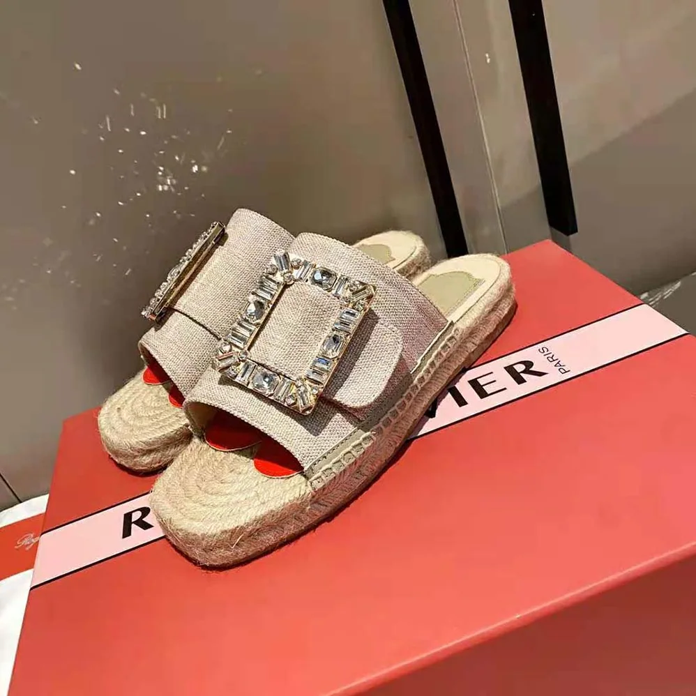 Roger Vivier Strass Buckle Espadrille Mules in Fabrics