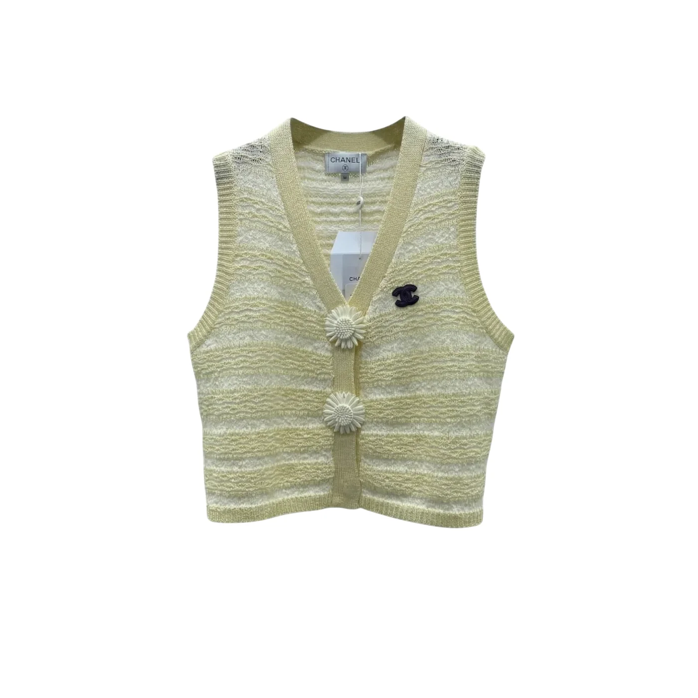 Chanel Striped Pointelle Sleeveless Top With Camellia Buttons Light Yellow