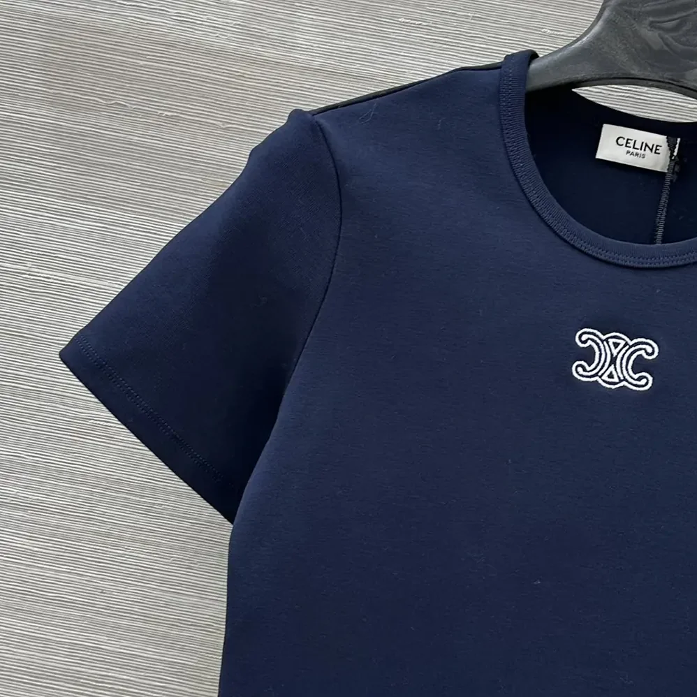 Celine Triomphe T-Shirt In Ribbed Cotton Jersey for Women in Navy