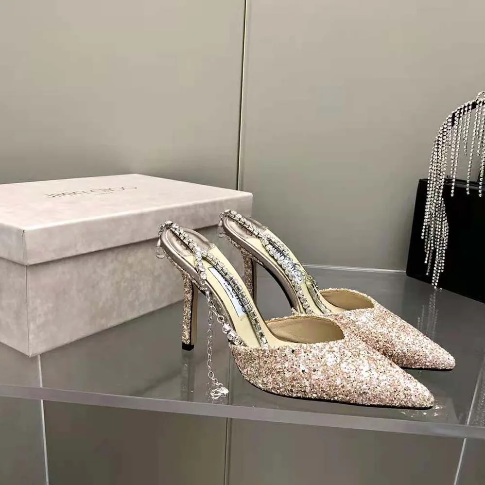Jimmy Choo Saeda 100 Rose Coarse Glitter Fabric Pumps for Women Jimmy Choo Saeda 100 Rose Coarse Glitter Fabric Pumps for Women