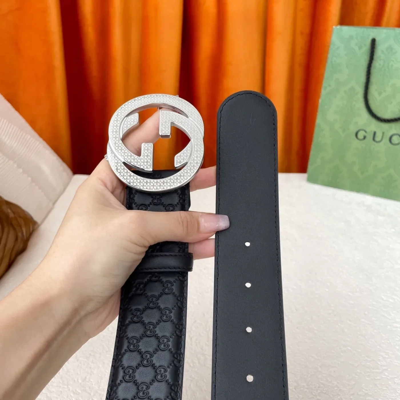 Gucci Monogram Belt Black With Silver Crystal Buckle Gucci Monogram Belt Black With Silver Crystal Buckle