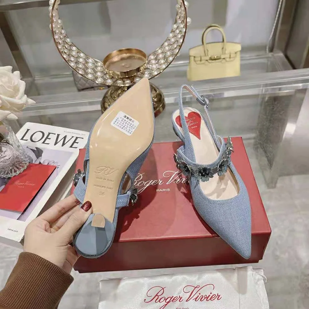 Roger Vivier Virgule Flower Slingback Pumps in Denim for Women
