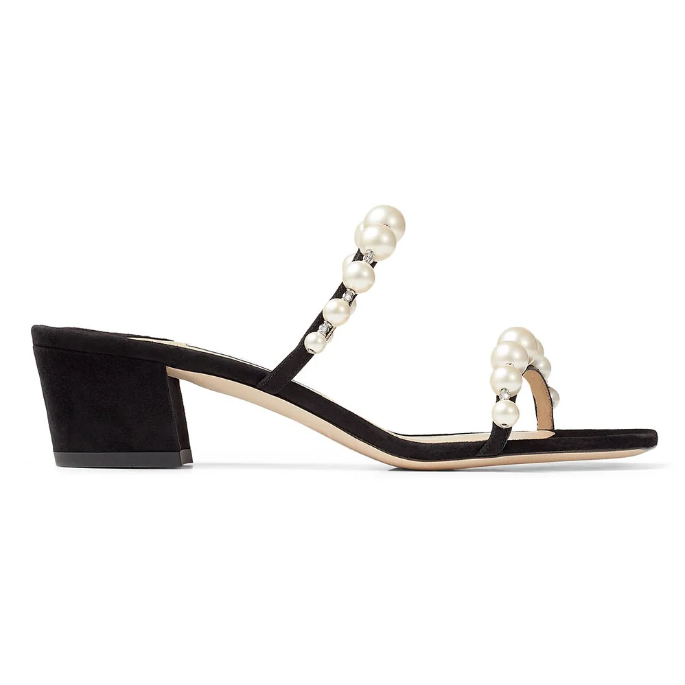 Jimmy Choo Amara 45 Black Suede Mules with Pearl Embellishment for Women Jimmy Choo Amara 45 Black Suede Mules with Pearl Embellishment for Women