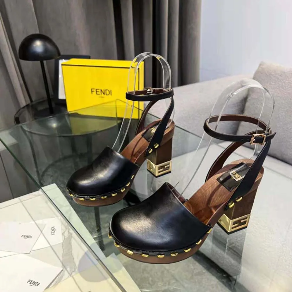 Fendi Baguette Show Black Leather High for Women in Heeled Clogs
