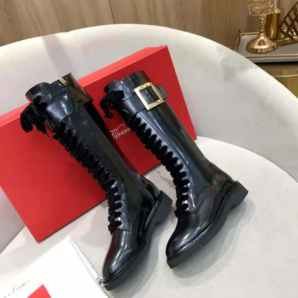 Roger Vivier Rangers Lace Up Metal Buckle Boots in Leather for Women