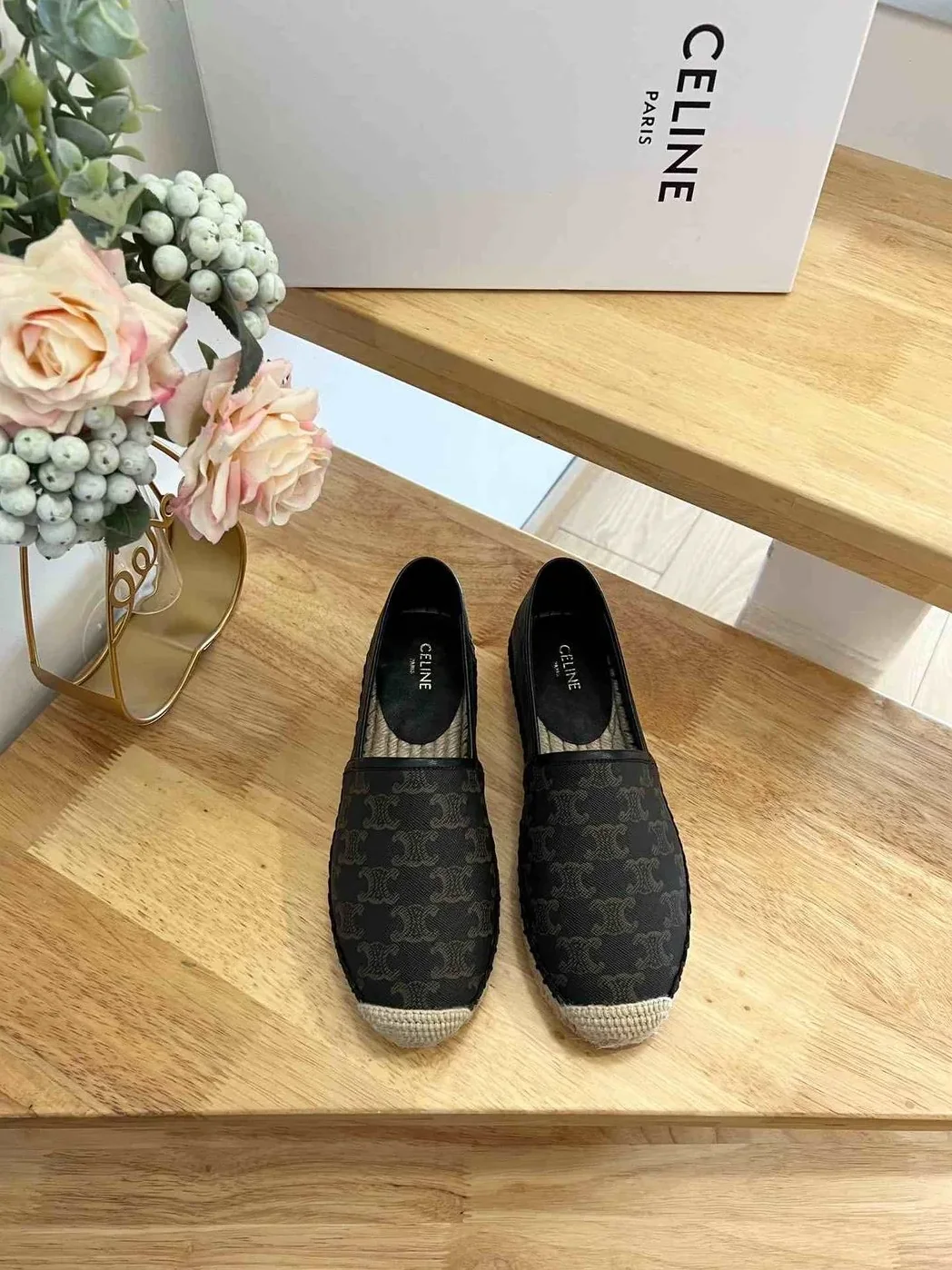 Celine Flat Espadrille With Triomphe In Triomphe Canvas Black And Brown Celine Flat Espadrille With Triomphe In Triomphe Canvas Black And Brown