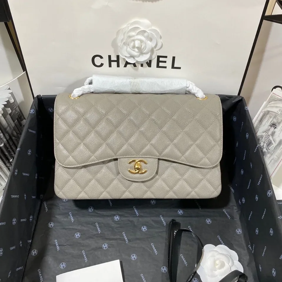 Chanel Classic Flap Bag Large Crossbody in Grey Gold Hardware
