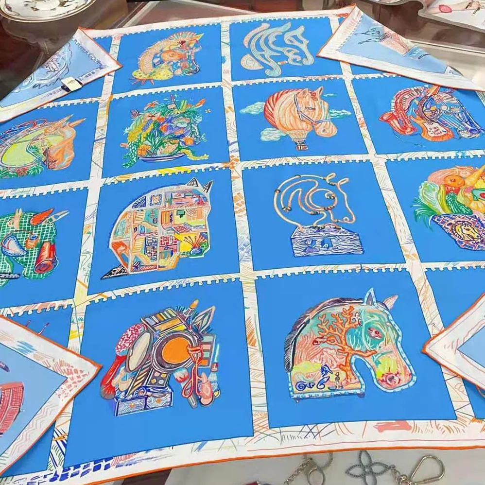 Hermes Chevaloscope Scarf 90 in Silk Twill with Hand-Rolled Edges for Women in Blue Hermes Chevaloscope Scarf 90 in Silk Twill with Hand-Rolled Edges for Women in Blue